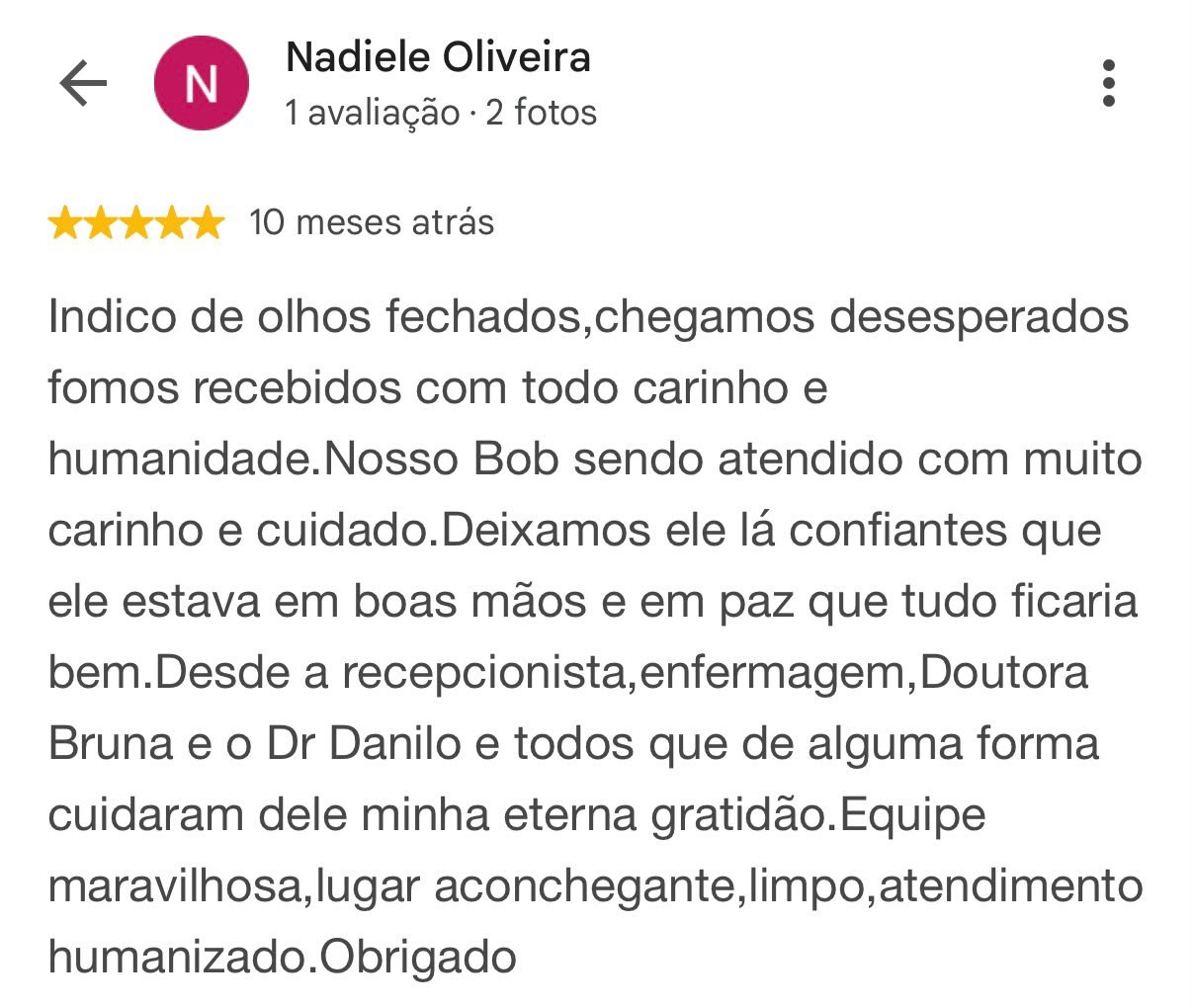 Foto do depoimento de Nadiele Oliveira no Google, com avaliação de cinco estrelas